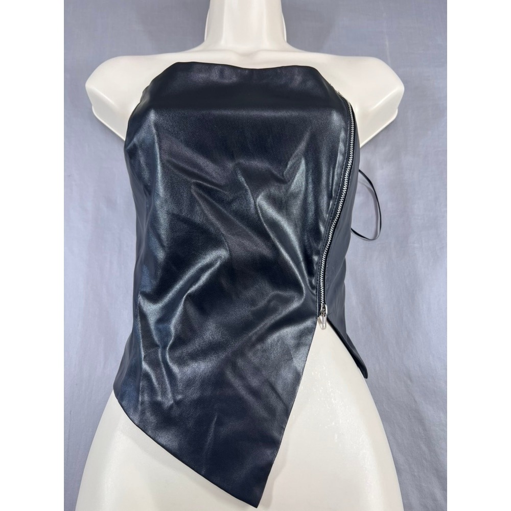Camellia Black Faux Leather Strapless Asymmetrical Zip Tube Top Large